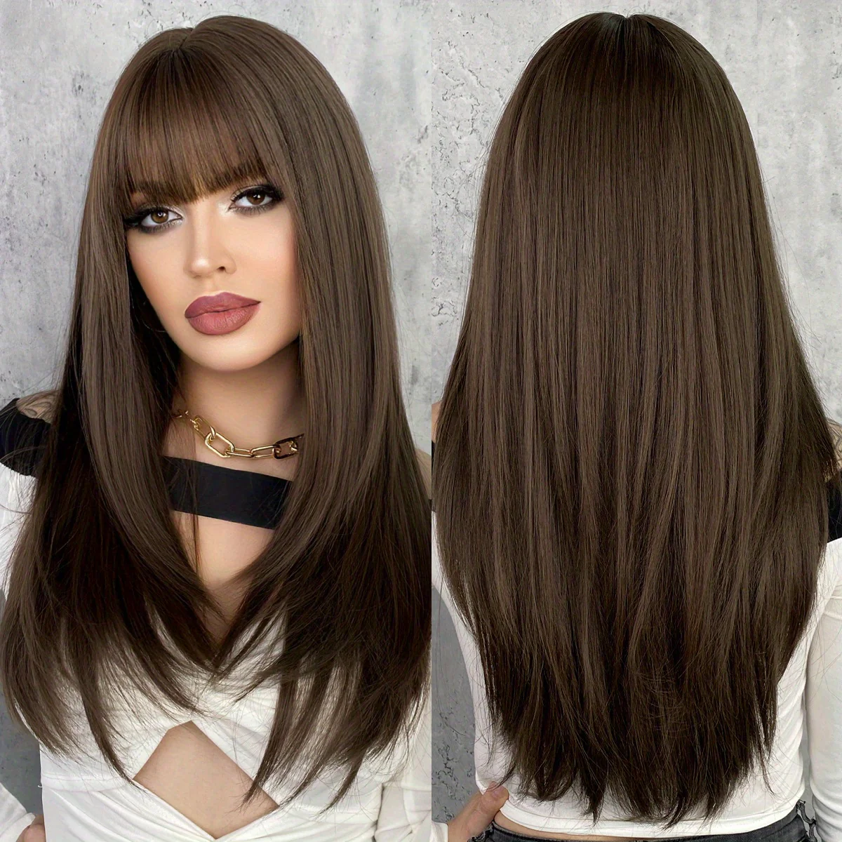 Long Straight Brown Wig For Women Daily Cosplay Use Natural Synthetic Layer Wigs With Bangs Heat Resistant High Quality - Image 10