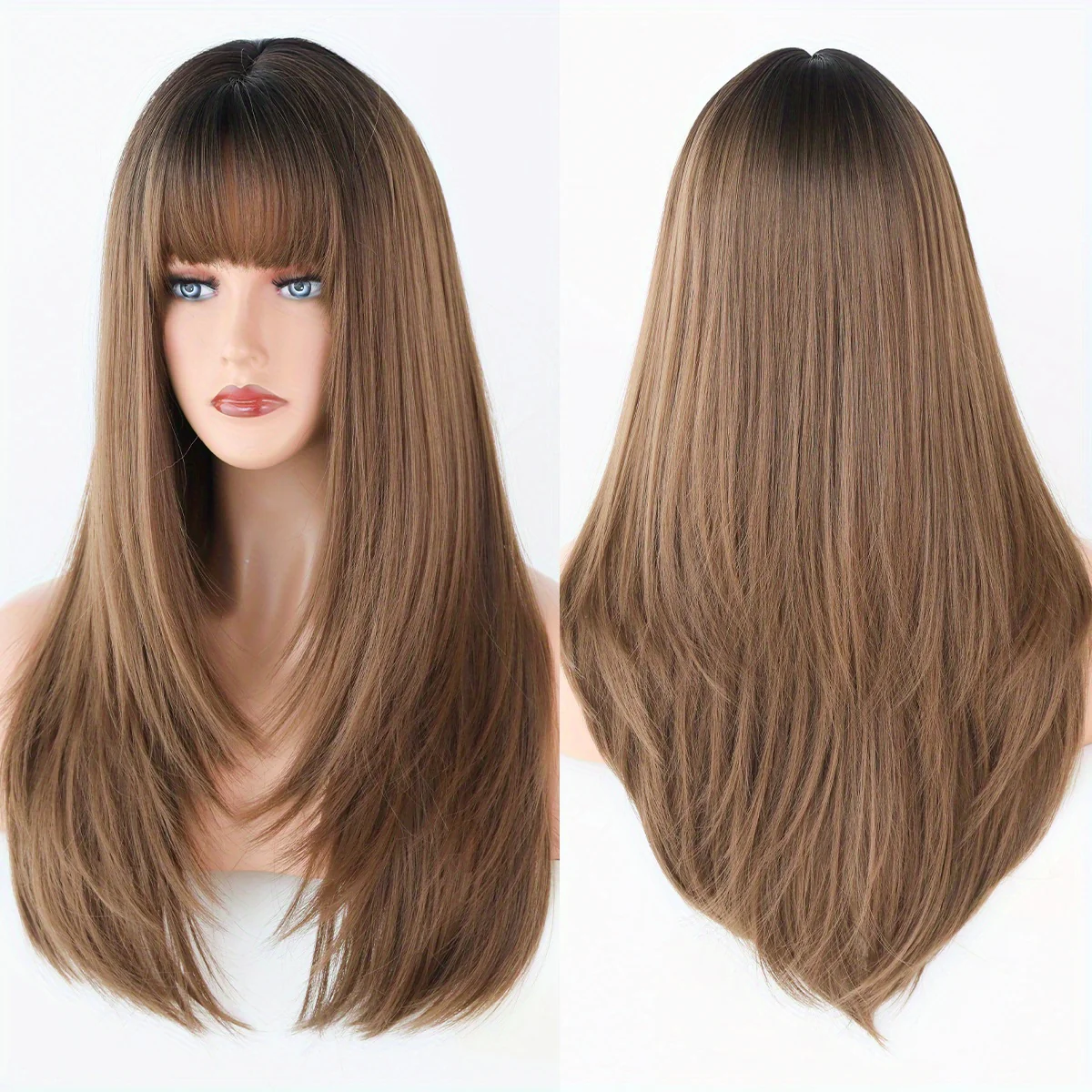 Long Straight Brown Wig For Women Daily Cosplay Use Natural Synthetic Layer Wigs With Bangs Heat Resistant High Quality - Image 11