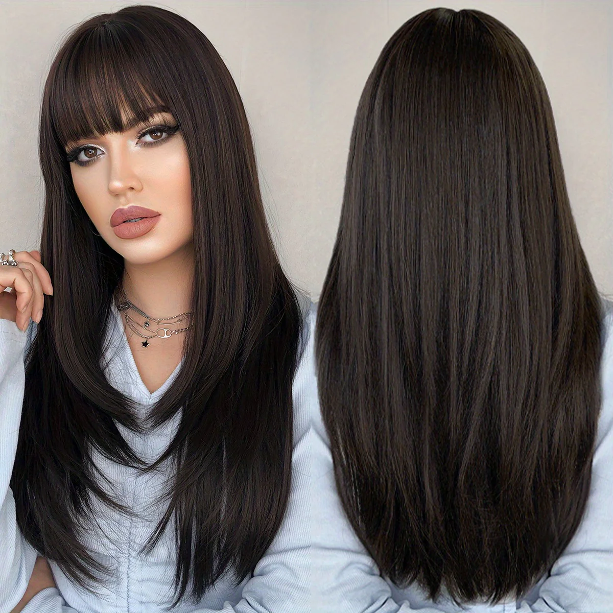 Long Straight Brown Wig For Women Daily Cosplay Use Natural Synthetic Layer Wigs With Bangs Heat Resistant High Quality - Image 12