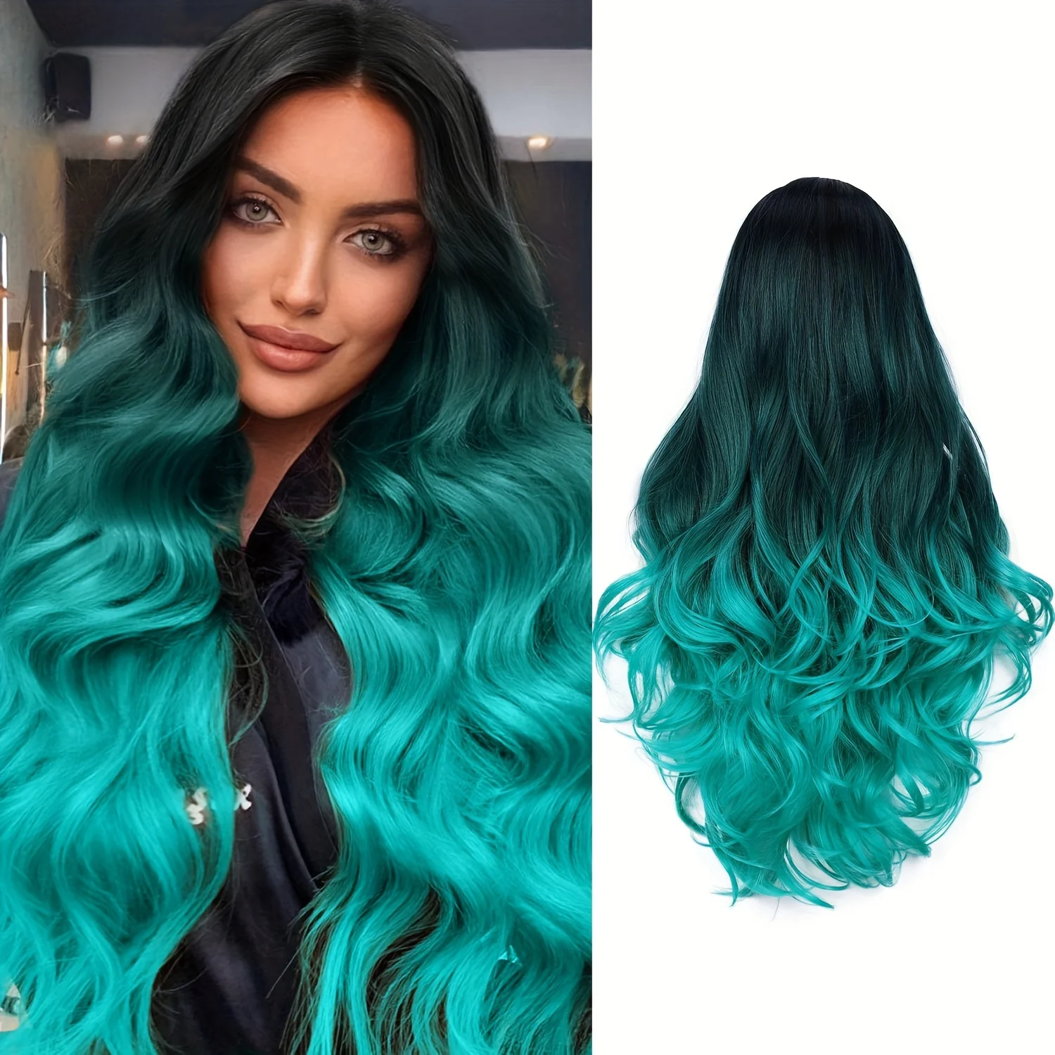 Long Wavy Wig Ombre Bluish Green Wigs Long Curly Ombre Color Hair Wigs Middle Part Synthetic Mermaid Green Wigs For Women Daily Party Cosplay - Image 10
