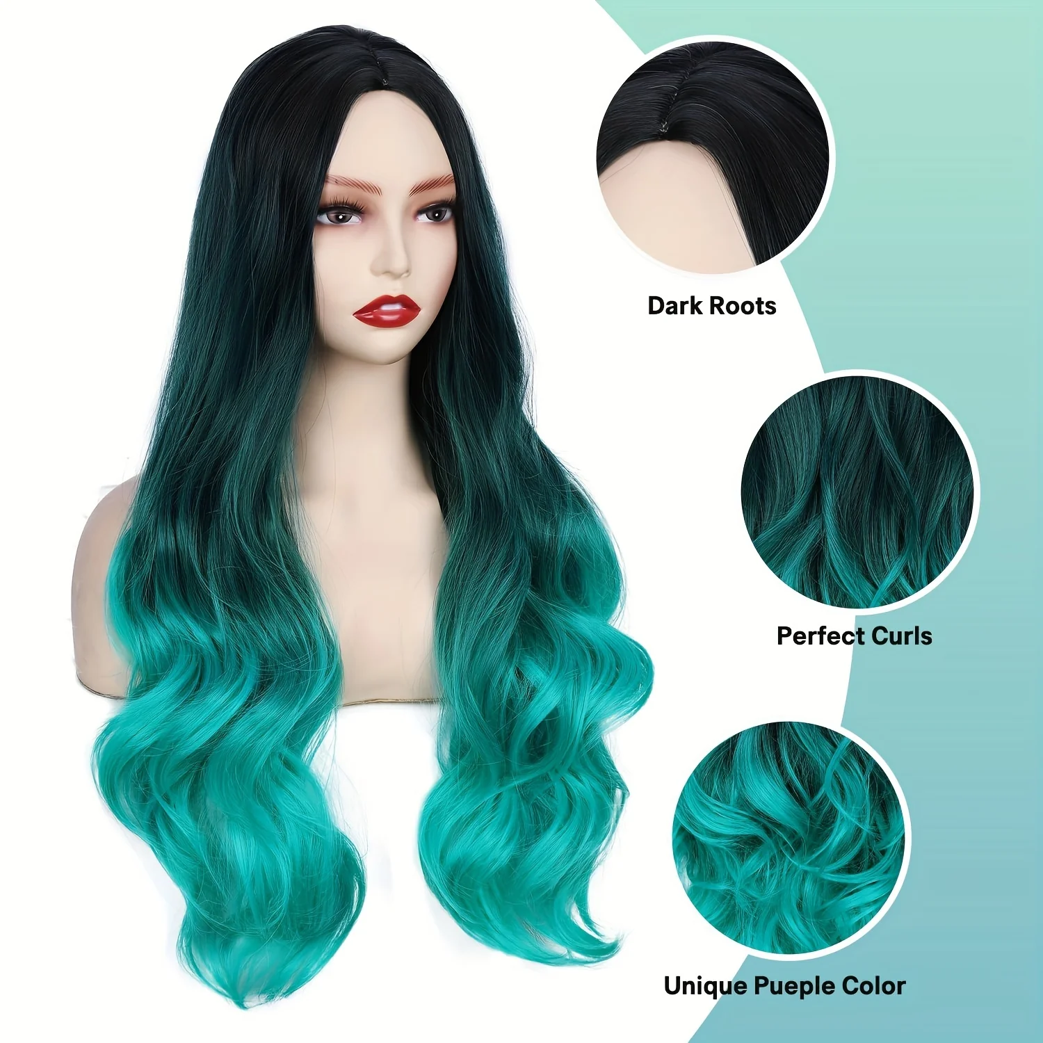 Long Wavy Wig Ombre Bluish Green Wigs Long Curly Ombre Color Hair Wigs Middle Part Synthetic Mermaid Green Wigs For Women Daily Party Cosplay - Image 3
