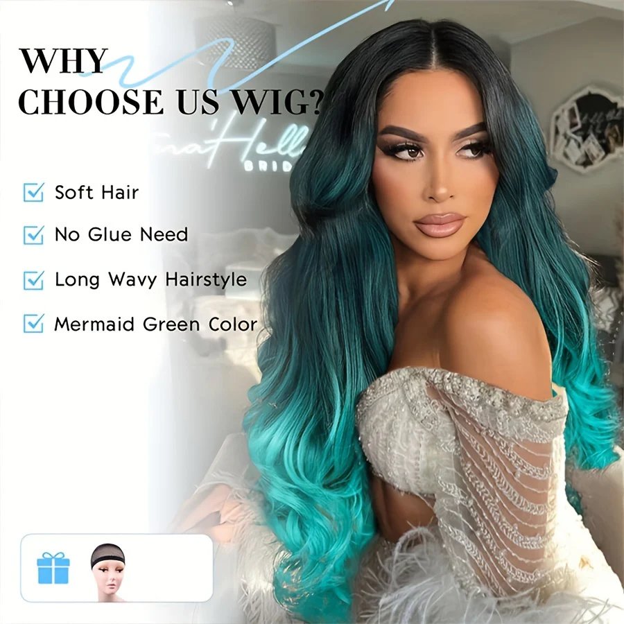 Long Wavy Wig Ombre Bluish Green Wigs Long Curly Ombre Color Hair Wigs Middle Part Synthetic Mermaid Green Wigs For Women Daily Party Cosplay - Image 6