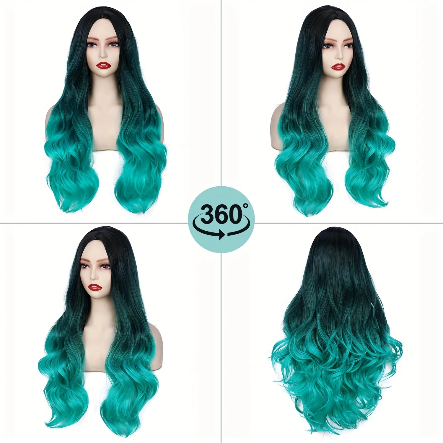 Long Wavy Wig Ombre Bluish Green Wigs Long Curly Ombre Color Hair Wigs Middle Part Synthetic Mermaid Green Wigs For Women Daily Party Cosplay - Image 7