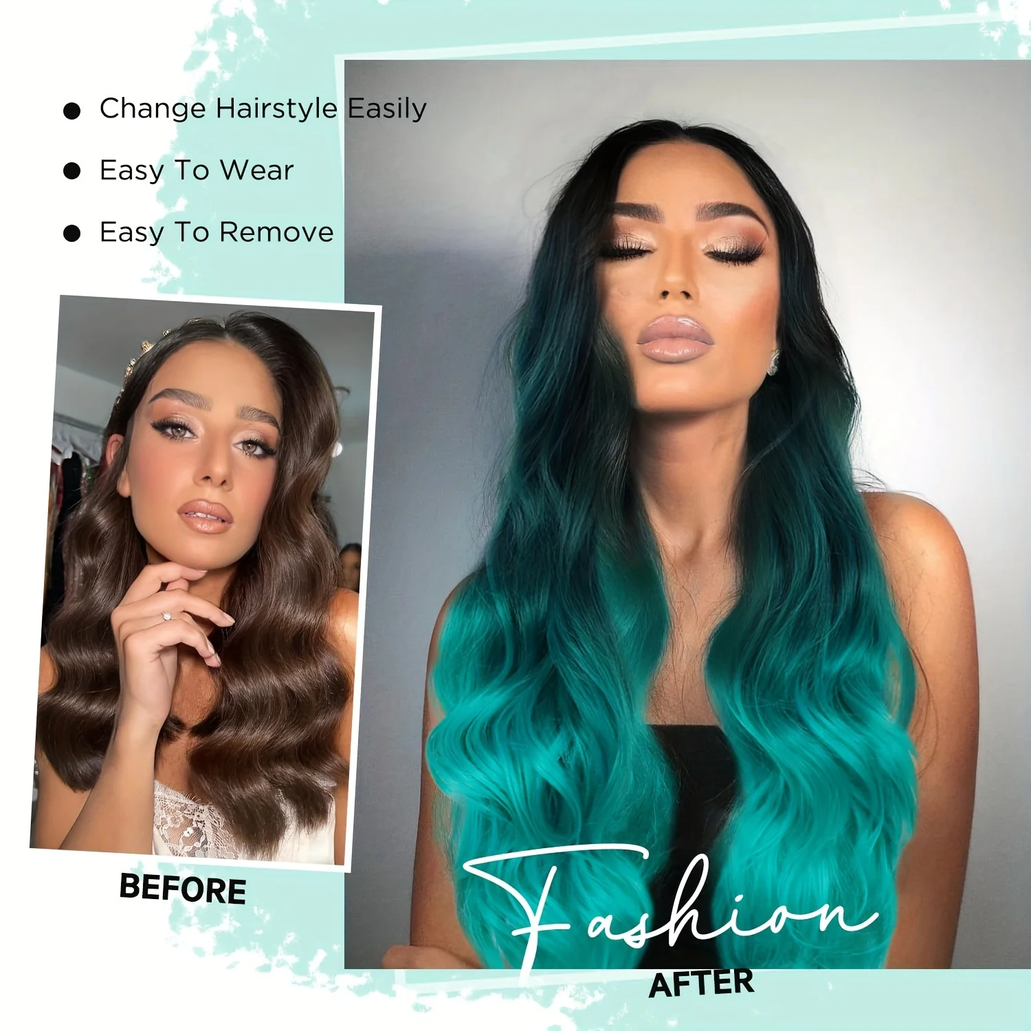 Long Wavy Wig Ombre Bluish Green Wigs Long Curly Ombre Color Hair Wigs Middle Part Synthetic Mermaid Green Wigs For Women Daily Party Cosplay - Image 8