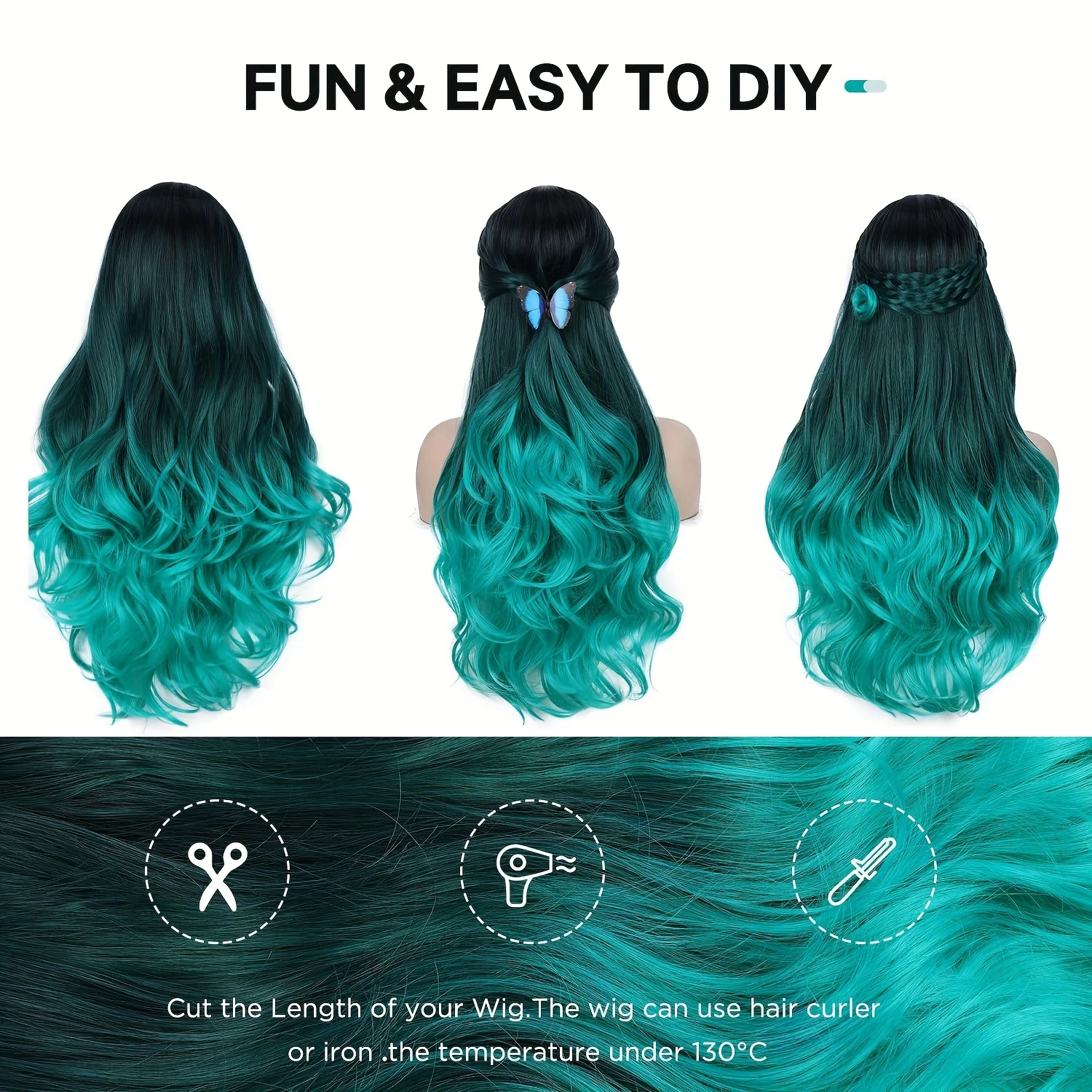 Long Wavy Wig Ombre Bluish Green Wigs Long Curly Ombre Color Hair Wigs Middle Part Synthetic Mermaid Green Wigs For Women Daily Party Cosplay - Image 9
