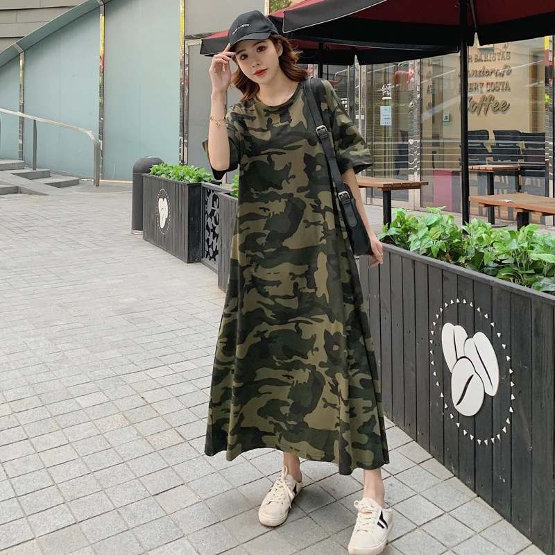 Loose Casual T Shirt Maxi Dress Women Summer 2022 Vestido Mujer Camouflage Dresses with Side Pockets for Home Long Cotton Tees - Image 2