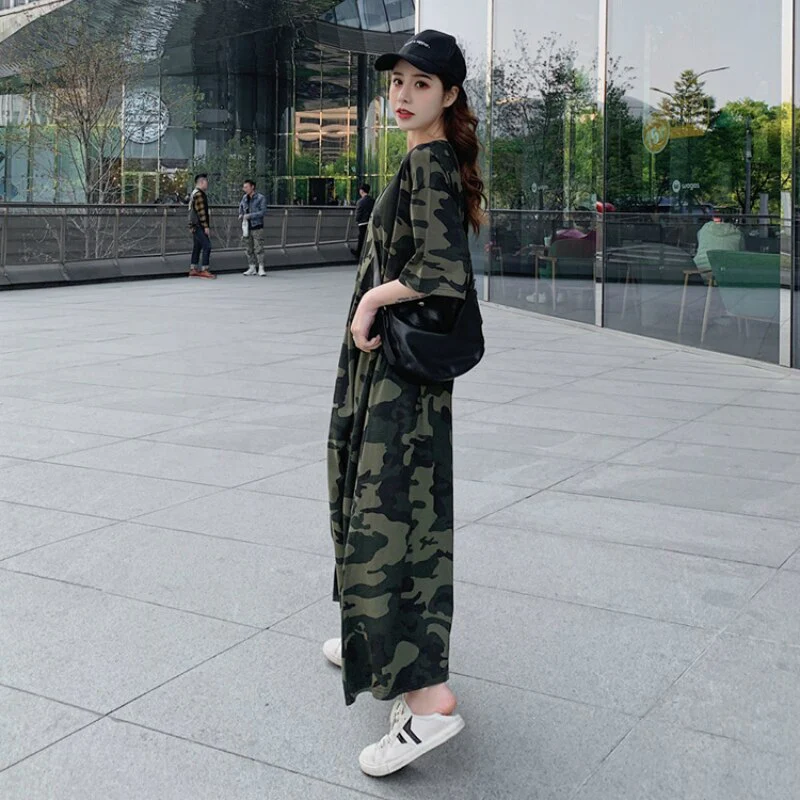 Loose Casual T Shirt Maxi Dress Women Summer 2022 Vestido Mujer Camouflage Dresses with Side Pockets for Home Long Cotton Tees - Image 3