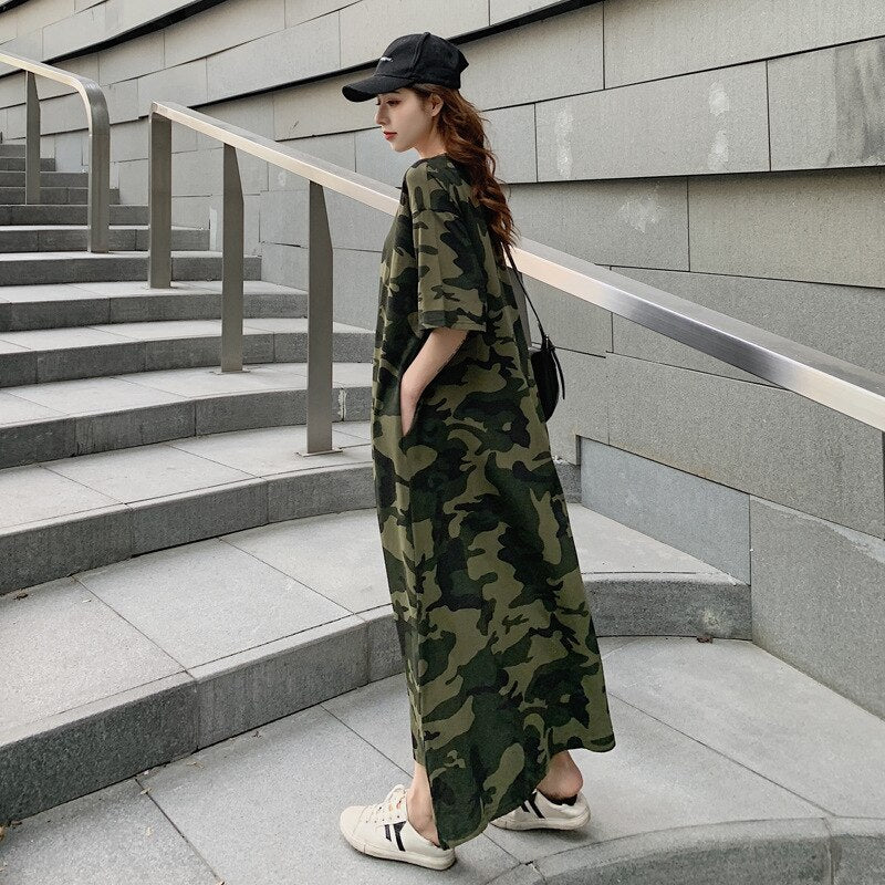 Loose Casual T Shirt Maxi Dress Women Summer 2022 Vestido Mujer Camouflage Dresses with Side Pockets for Home Long Cotton Tees - Image 4
