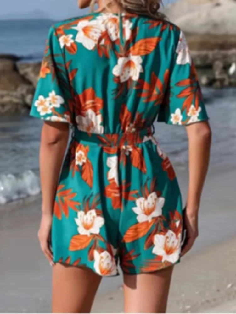 Loose High Waisted Short Sleeve Jumpsuit V-neck Printed Women Jumpsuit Beach Vacation Comfortable Summer Clothes - Image 2