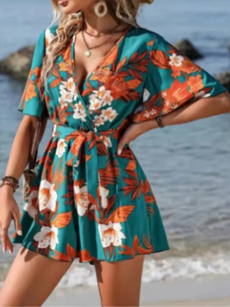 Loose High Waisted Short Sleeve Jumpsuit V-neck Printed Women Jumpsuit Beach Vacation Comfortable Summer Clothes - Image 4