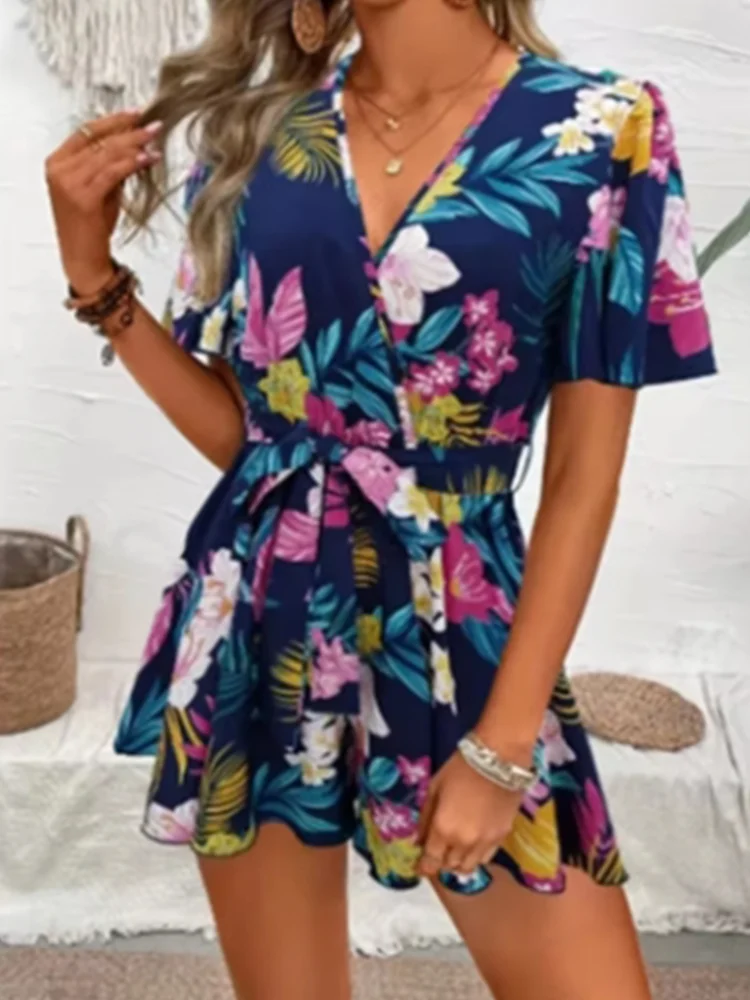 Loose High Waisted Short Sleeve Jumpsuit V-neck Printed Women Jumpsuit Beach Vacation Comfortable Summer Clothes - Image 6