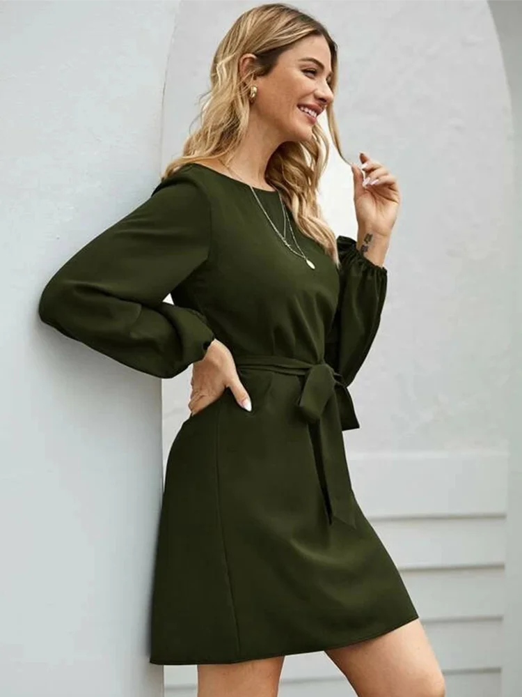 Loose Pink Chiffon Dress Solid Color Simple Lantern Style 2023 Fashionable Temperament Commuter Thin Hedging High Waist Dress - Image 3