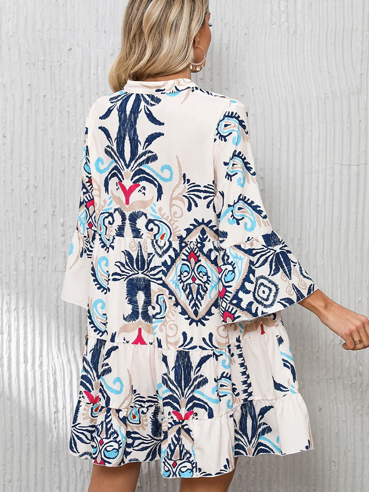 Loose Slim Fit Print Single Row Multi-Buckle Knee Length Dress - Image 5
