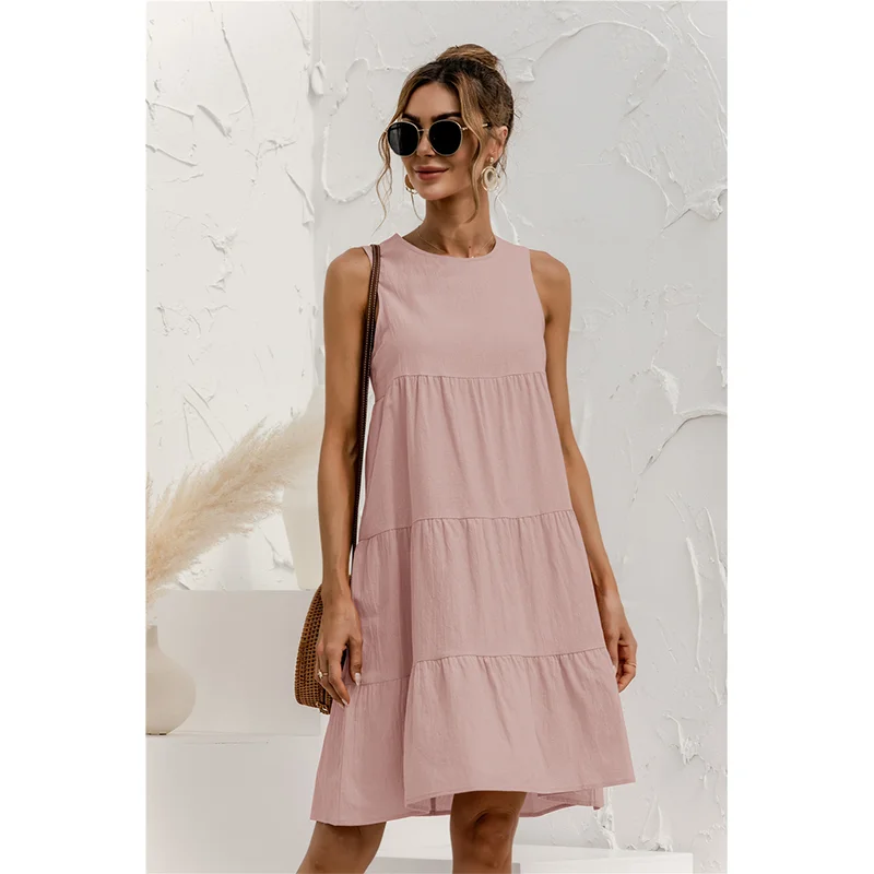 Loose Summer Vest Cotton Dress Sleeveless Solid Color Mid-length Dress Large Sewing Casual Swing 2023 Summer Women's - Image 2