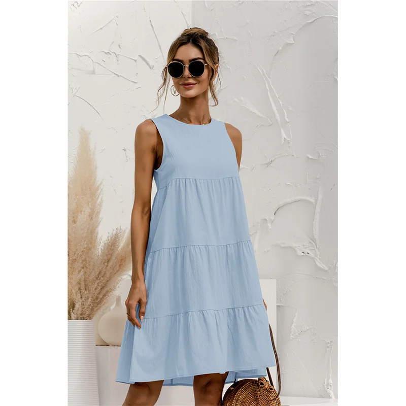 Loose Summer Vest Cotton Dress Sleeveless Solid Color Mid-length Dress Large Sewing Casual Swing 2023 Summer Women's - Image 5