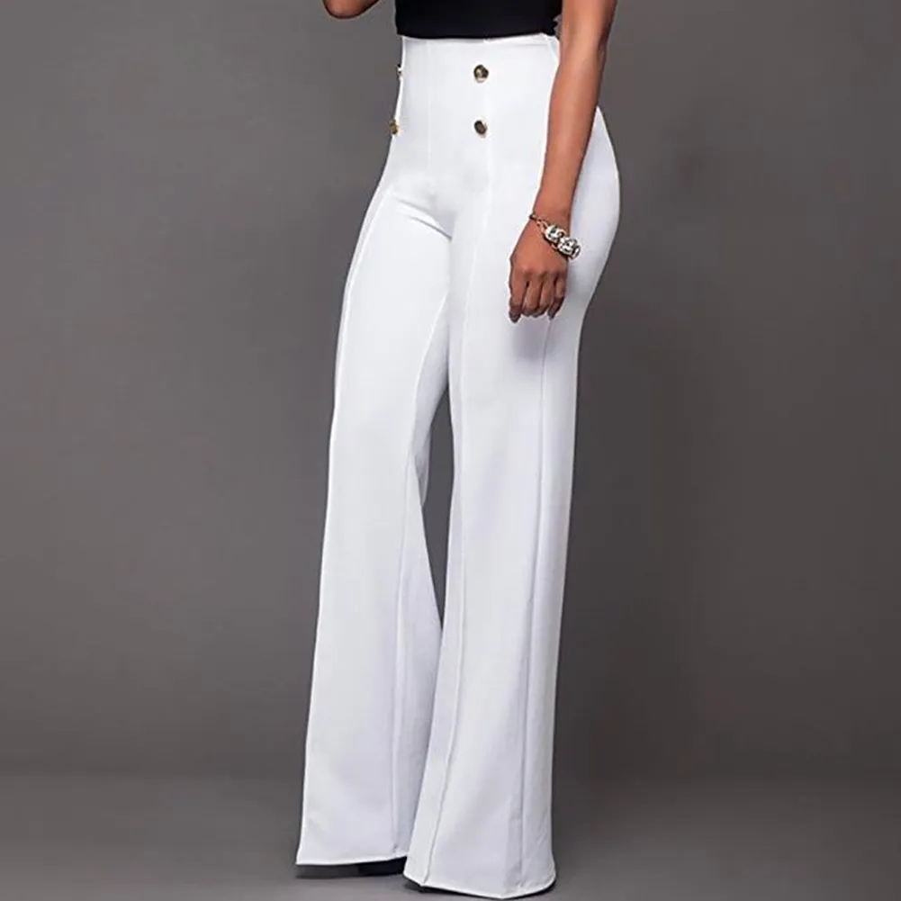 Loose Women Pants High Waist Flared Trousers Elastic Loose Slacks Solid Color Full Length Wide Leg Dress Pants Trousers - Image 3
