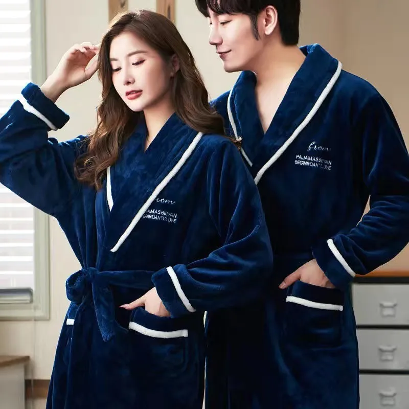 Lovers Coral Fleece Robe Autumn Winter Warm Sleepwear Women Men Thicken Flannel Bathrobe Lounge Nightgown Home Clothes Bigsize - Image 2
