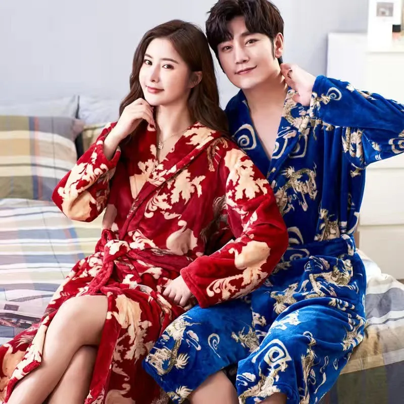 Lovers Coral Fleece Robe Autumn Winter Warm Sleepwear Women Men Thicken Flannel Bathrobe Lounge Nightgown Home Clothes Bigsize - Image 5