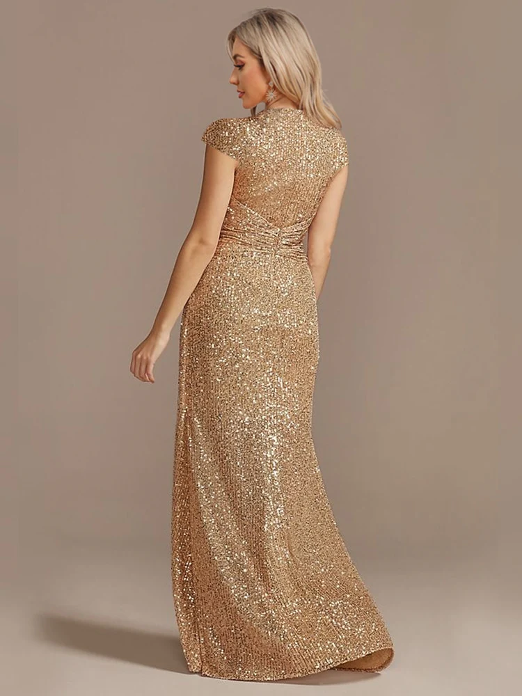 Lucyilove New Luxury Champagne V-Neck Sequin Evening Dress 2023 Women Party Maxi Dress Beading Gowns Long Prom Cocktail Dresses - Image 15