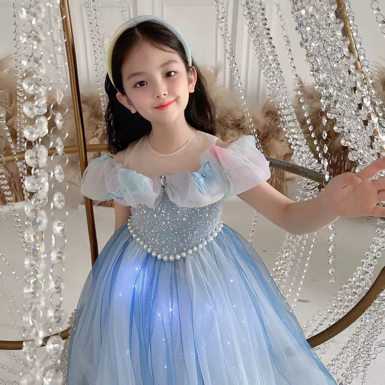 Luminous Princess Dress Girl Summer Aisha Dress Blue Birthday Pink Gauze Dress 61 Flower Girl Dress - Image 6