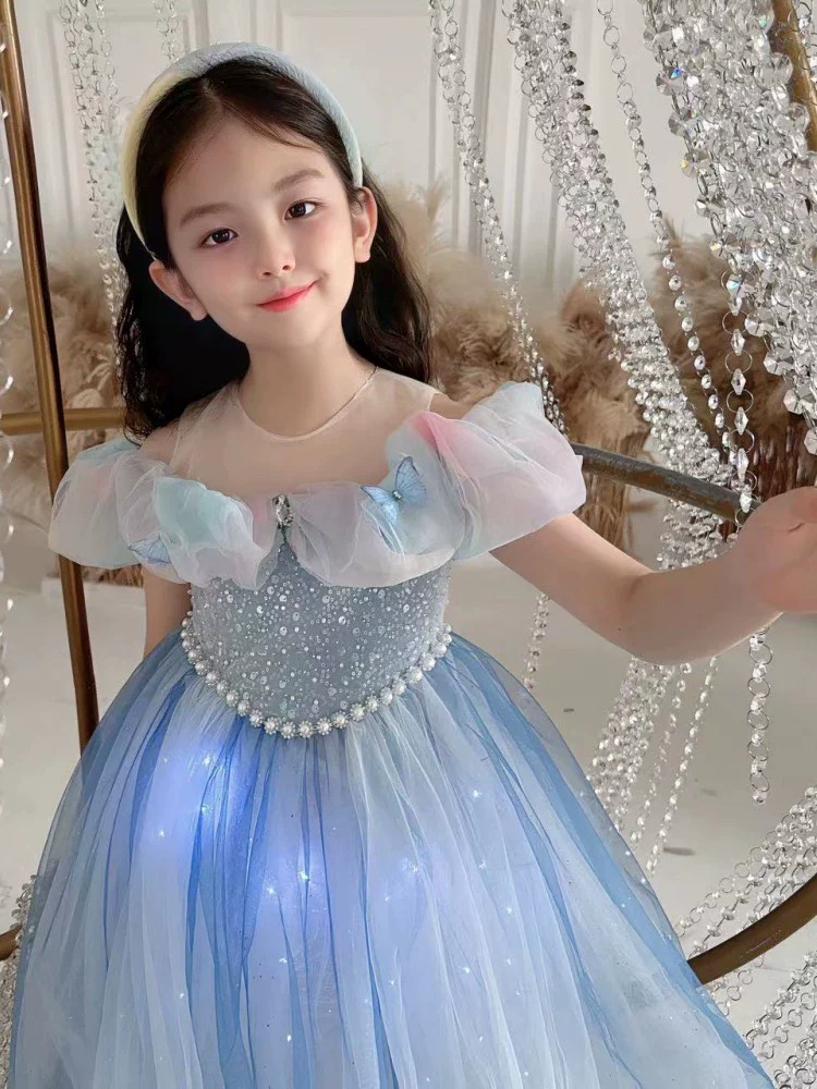 Luminous Princess Dress Girl Summer Aisha Dress Blue Birthday Pink Gauze Dress 61 Flower Girl Dress - Image 3