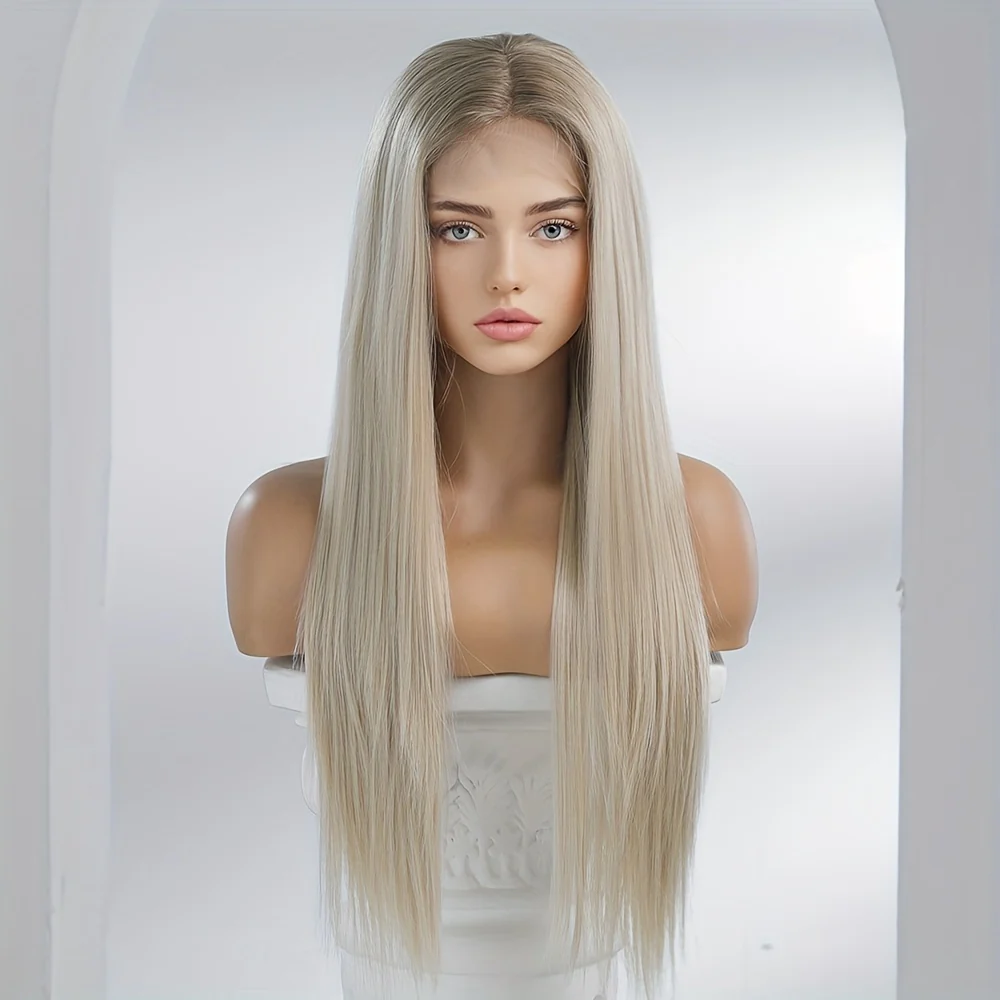 Luxurious 28-Inch Ombre Blonde to Brown Lace Front Wig - High-Quality Heat-Resistant Synthetic Fiber, Easy to Wear & Comfortable Fit for Music Festivals, Parties, Weddings, Holidays & Graduations - Natural-Looking Straight Ha - Image 2