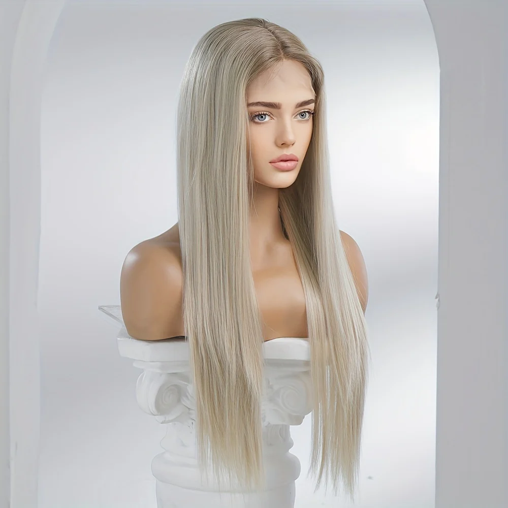 Luxurious 28-Inch Ombre Blonde to Brown Lace Front Wig - High-Quality Heat-Resistant Synthetic Fiber, Easy to Wear & Comfortable Fit for Music Festivals, Parties, Weddings, Holidays & Graduations - Natural-Looking Straight Ha - Image 3