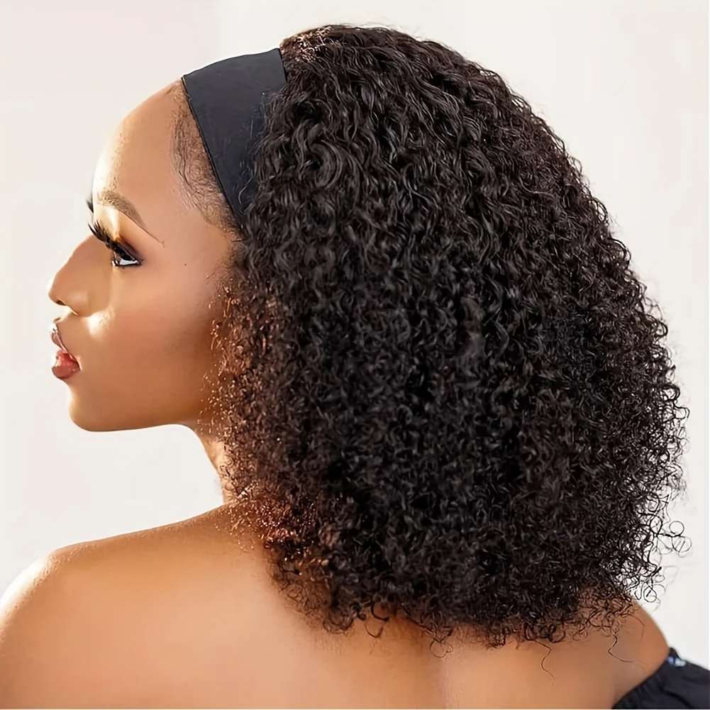 Luxurious Kinky Curly Headband Wig - 150% Density Brazilian Virgin Human Hair, Natural Black,, Glueless with Random Headband - Image 2