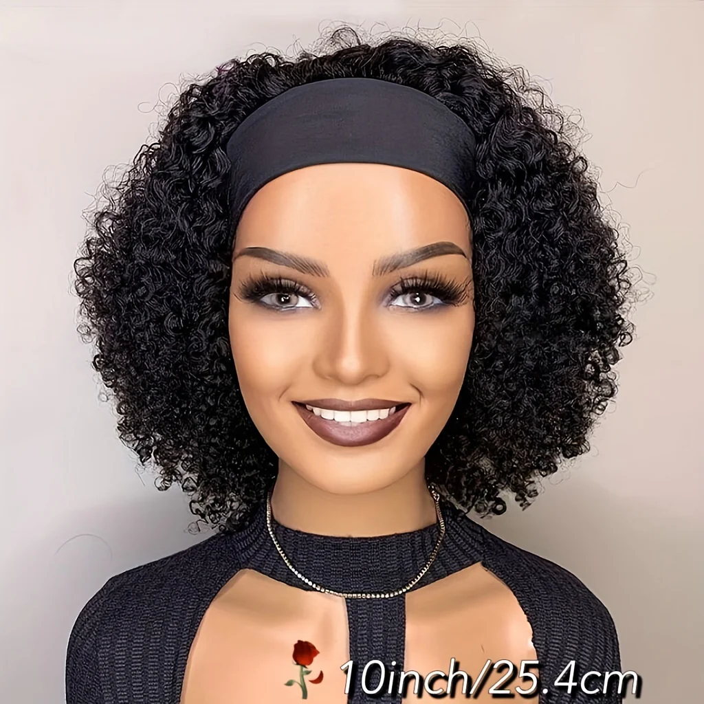 Luxurious Kinky Curly Headband Wig - 150% Density Brazilian Virgin Human Hair, Natural Black,, Glueless with Random Headband - Image 6