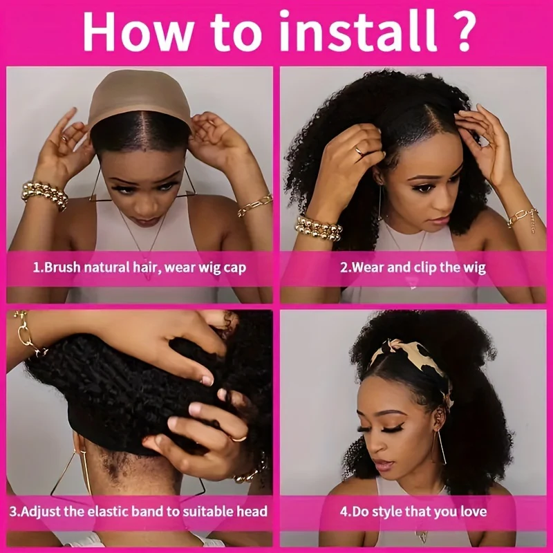 Luxurious Kinky Curly Headband Wig - 150% Density Brazilian Virgin Human Hair, Natural Black,, Glueless with Random Headband - Image 5
