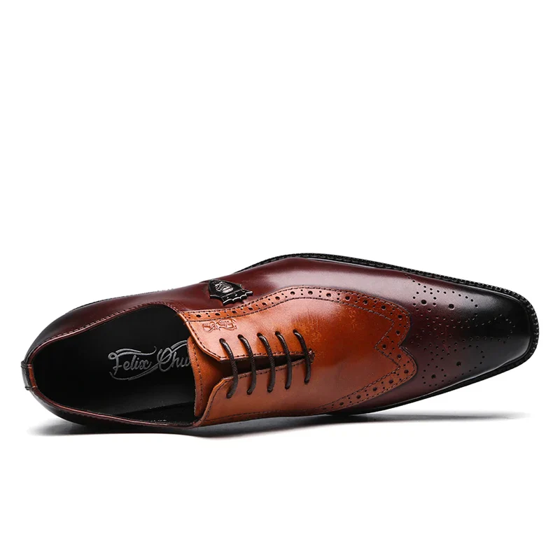 Luxury Classic Mens Brogue Oxford Dress Shoes Genuine Cow Leather Brown Pointed Toe Lace-Up Wedding Party Formal Shoe for Men - Image 4