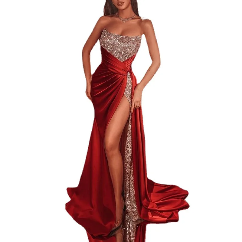 Luxury Floor Length Dresses For Women Wedding Party Clothes Split Strapless Sequins Long Evening Gowns Female Gold  ecoparty - Image 5