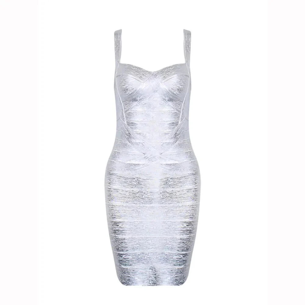 Luxury Party Ladies Gold Bandage Dress 2023 Sexy Sleeveless Sling V-Neck Gold Foil Tights Dresses Mini New Fashion Club Vestidos - Image 8