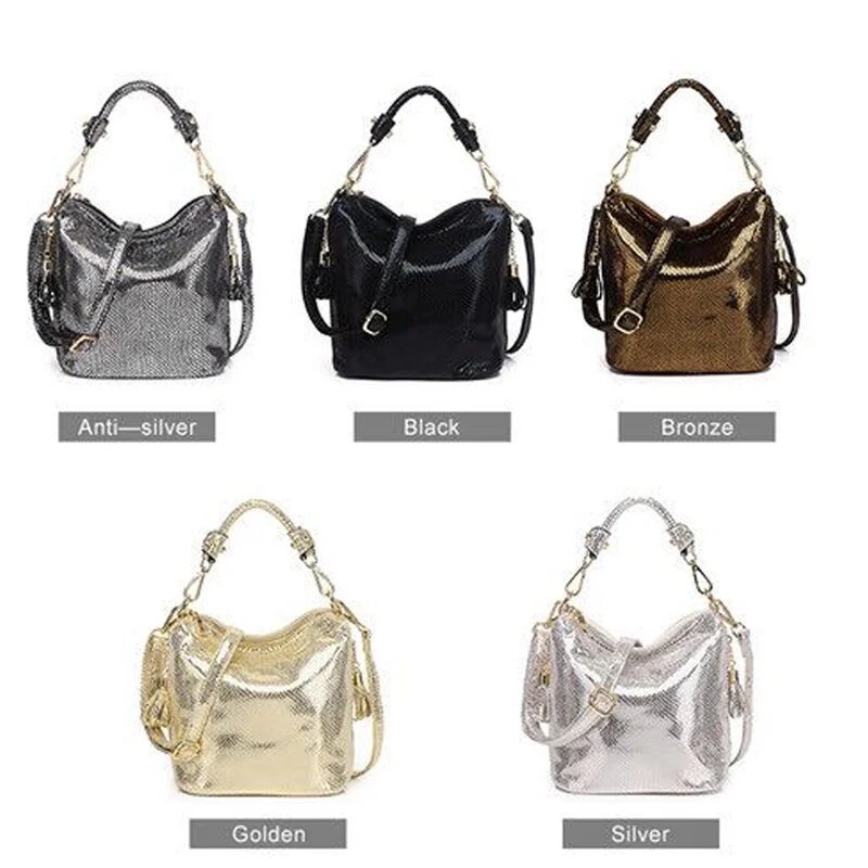 Luxury PU Handbags For Women New Summer Lady Shiny Coating Bucket Shoulder Bags Fashion Metalic Gold Silver Handbag - Image 10