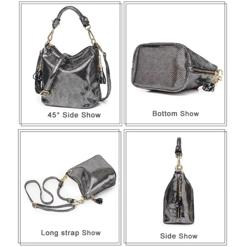 Luxury PU Handbags For Women New Summer Lady Shiny Coating Bucket Shoulder Bags Fashion Metalic Gold Silver Handbag - Image 8
