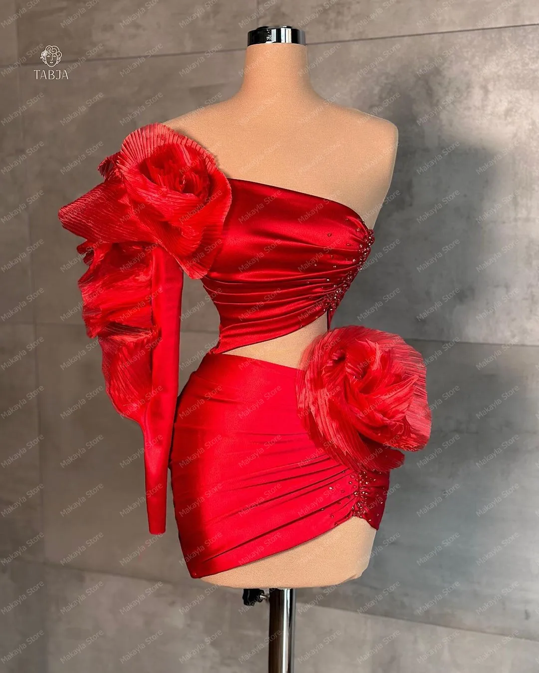 Luxury Red Short Floral Evening Dresses One Shoulder Long Sleeves Ruffles Mini Length Mini Length Satin Prom Dressing Gown - Image 2