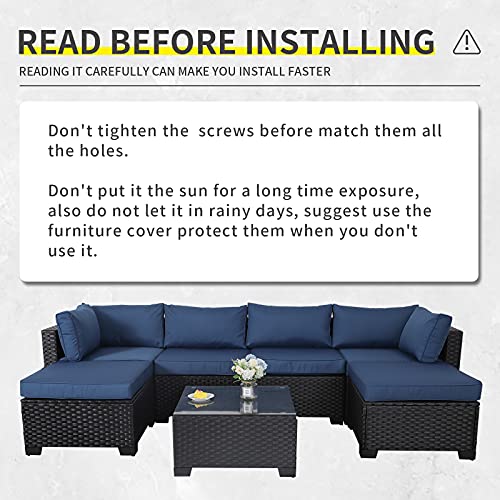 Lviden 7 Pieces Outdoor PE Wicker Furniture Set Patio Rattan Sectional Conversation Sofa Set with Navy Blue Cushions and Glass Top Table - Image 2