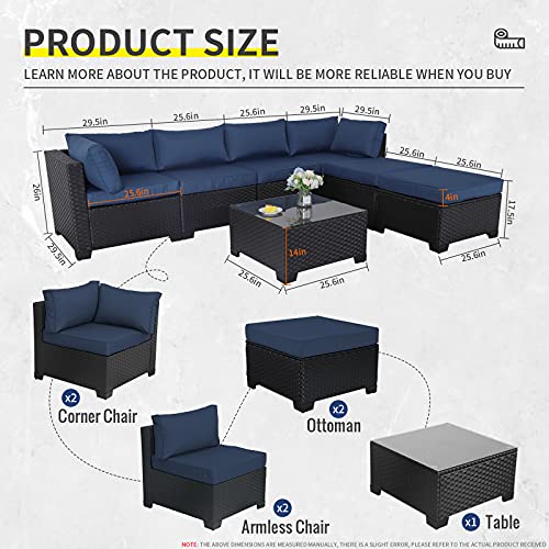Lviden 7 Pieces Outdoor PE Wicker Furniture Set Patio Rattan Sectional Conversation Sofa Set with Navy Blue Cushions and Glass Top Table - Image 7