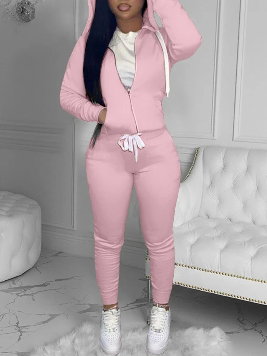LW BASICS Kangaroo Pocket Pants Causal Drawstring Trousers 2023 Women Winter Autumn Long Sleeve Top Coat+Trousers Tracksuit - Image 4