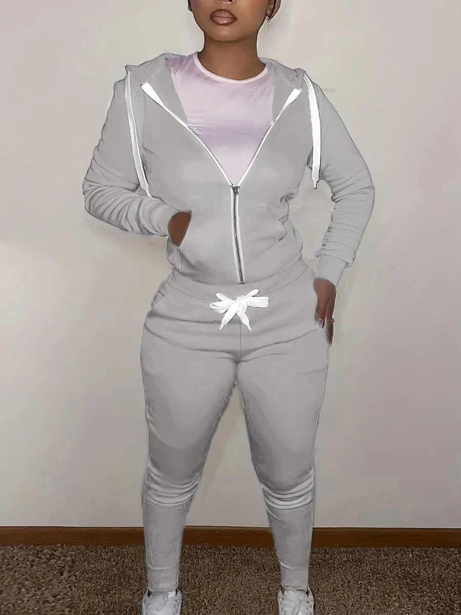 LW BASICS Kangaroo Pocket Pants Causal Drawstring Trousers 2023 Women Winter Autumn Long Sleeve Top Coat+Trousers Tracksuit - Image 5