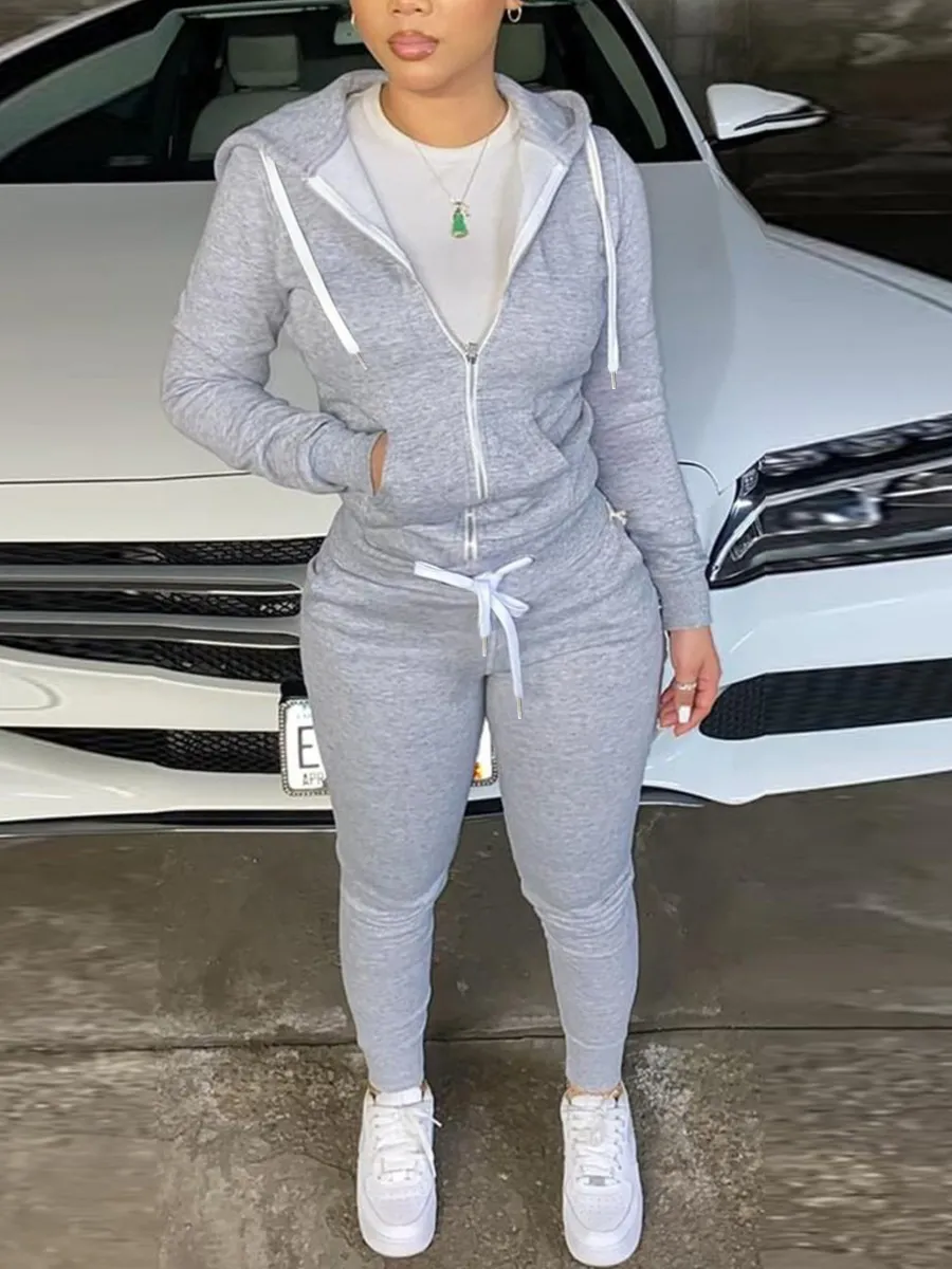 LW BASICS Kangaroo Pocket Pants Causal Drawstring Trousers 2023 Women Winter Autumn Long Sleeve Top Coat+Trousers Tracksuit - Image 7