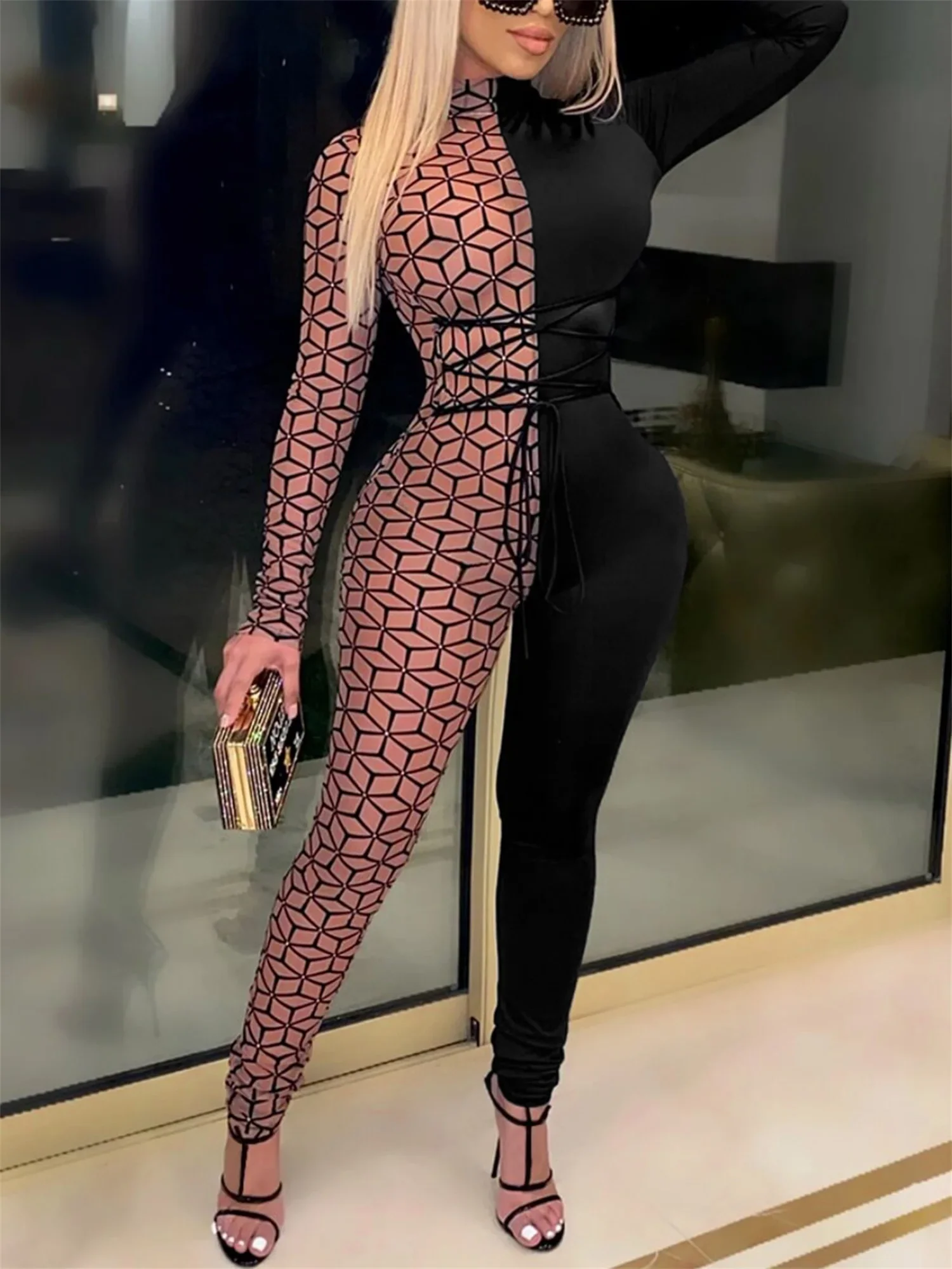 LW Geo Print Color Block Jumpsuit Causal Cross Tie Mock Neck Sheath Jumpsuit For Spring & Fall Women's Clothing - Image 2