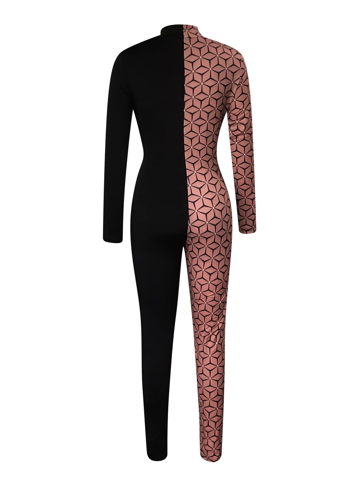 LW Geo Print Color Block Jumpsuit Causal Cross Tie Mock Neck Sheath Jumpsuit For Spring & Fall Women's Clothing - Image 4
