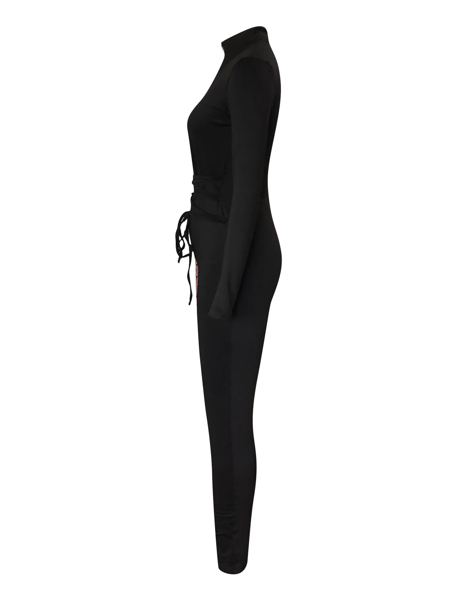 LW Geo Print Color Block Jumpsuit Causal Cross Tie Mock Neck Sheath Jumpsuit For Spring & Fall Women's Clothing - Image 5