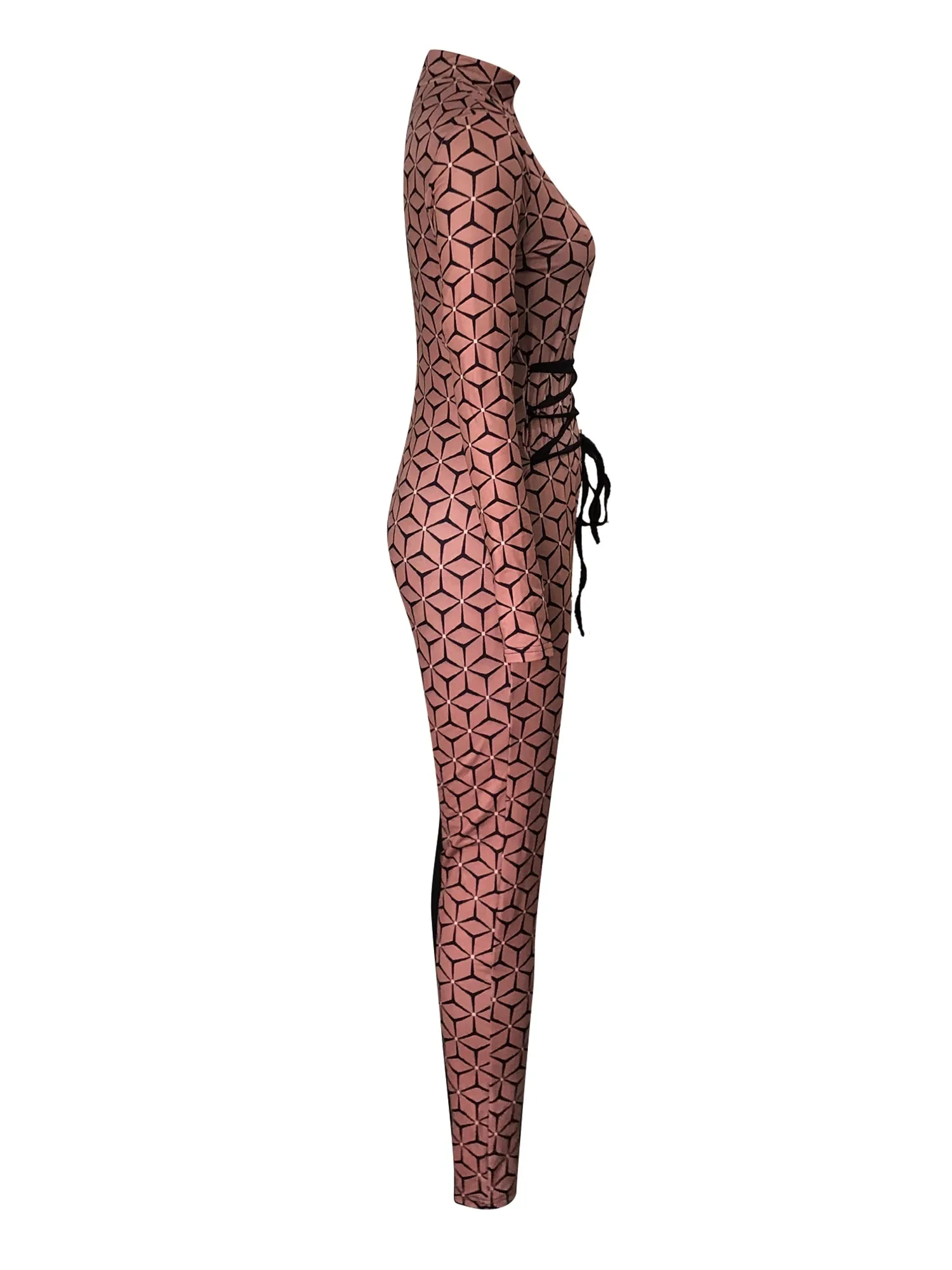 LW Geo Print Color Block Jumpsuit Causal Cross Tie Mock Neck Sheath Jumpsuit For Spring & Fall Women's Clothing - Image 6