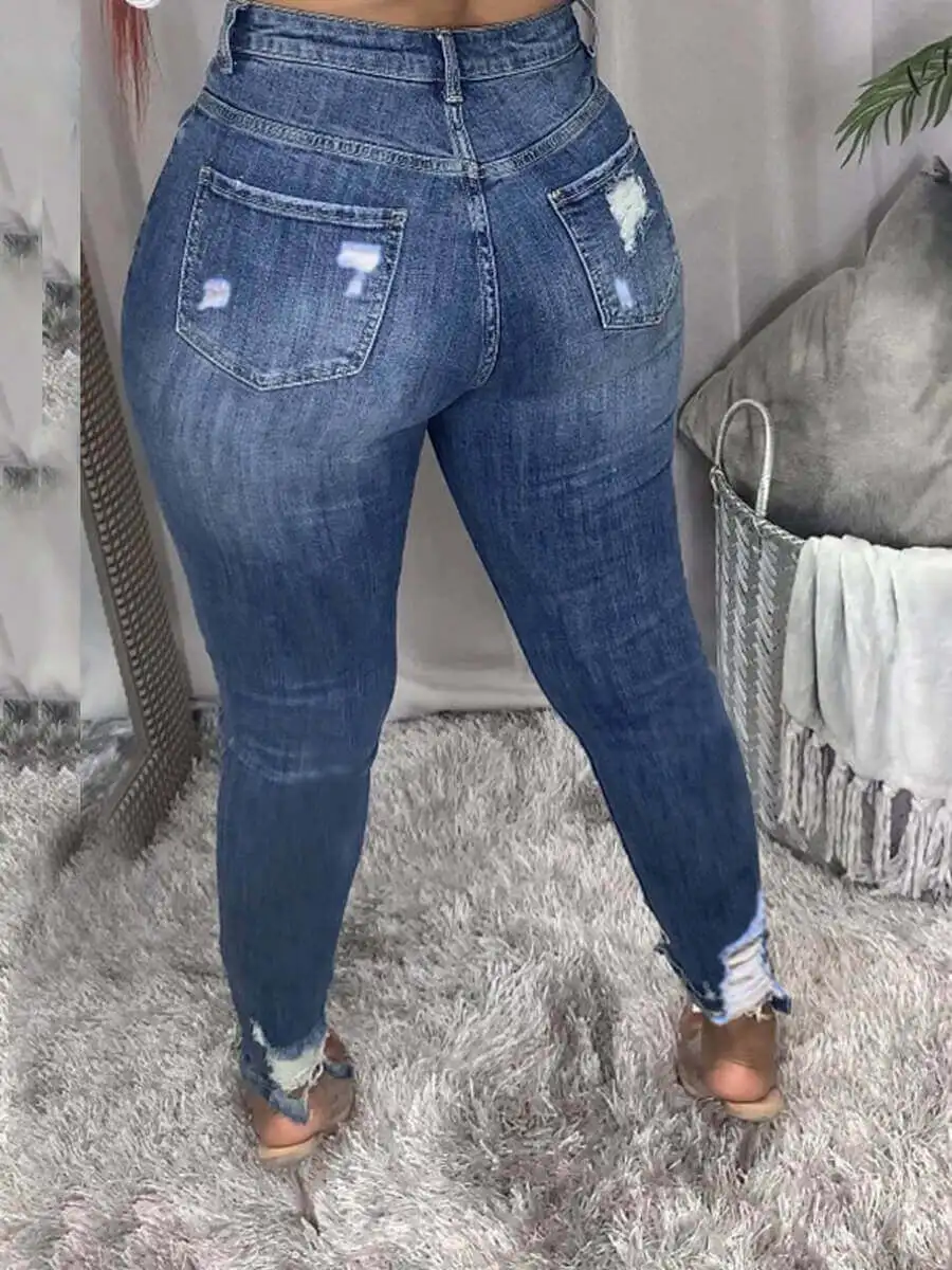 LW Plus Size High-waisted Ripped Jeans Zipper Fly L-5XL Street Solid Color Holes Stretchy Sheath Skiny Women Fashion Pants - Image 2