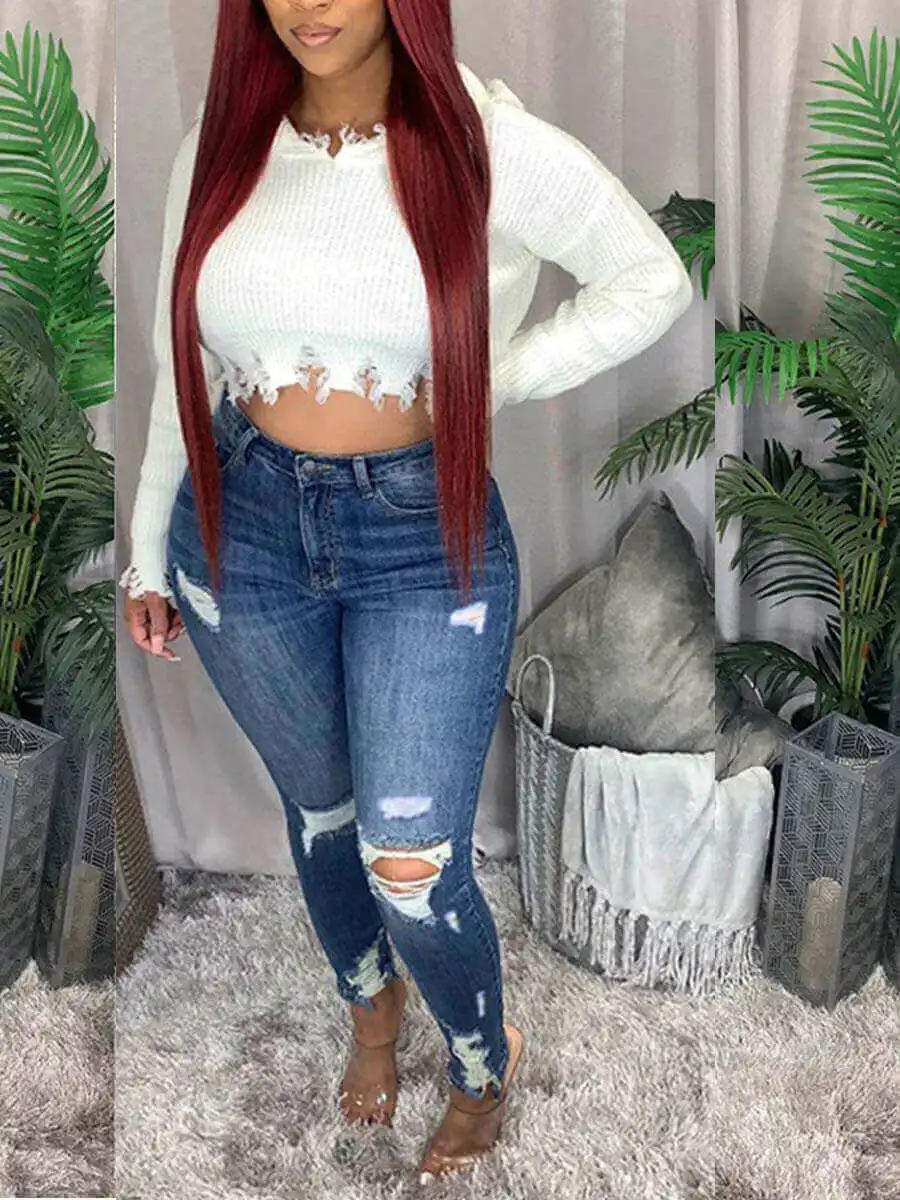 LW Plus Size High-waisted Ripped Jeans Zipper Fly L-5XL Street Solid Color Holes Stretchy Sheath Skiny Women Fashion Pants - Image 3