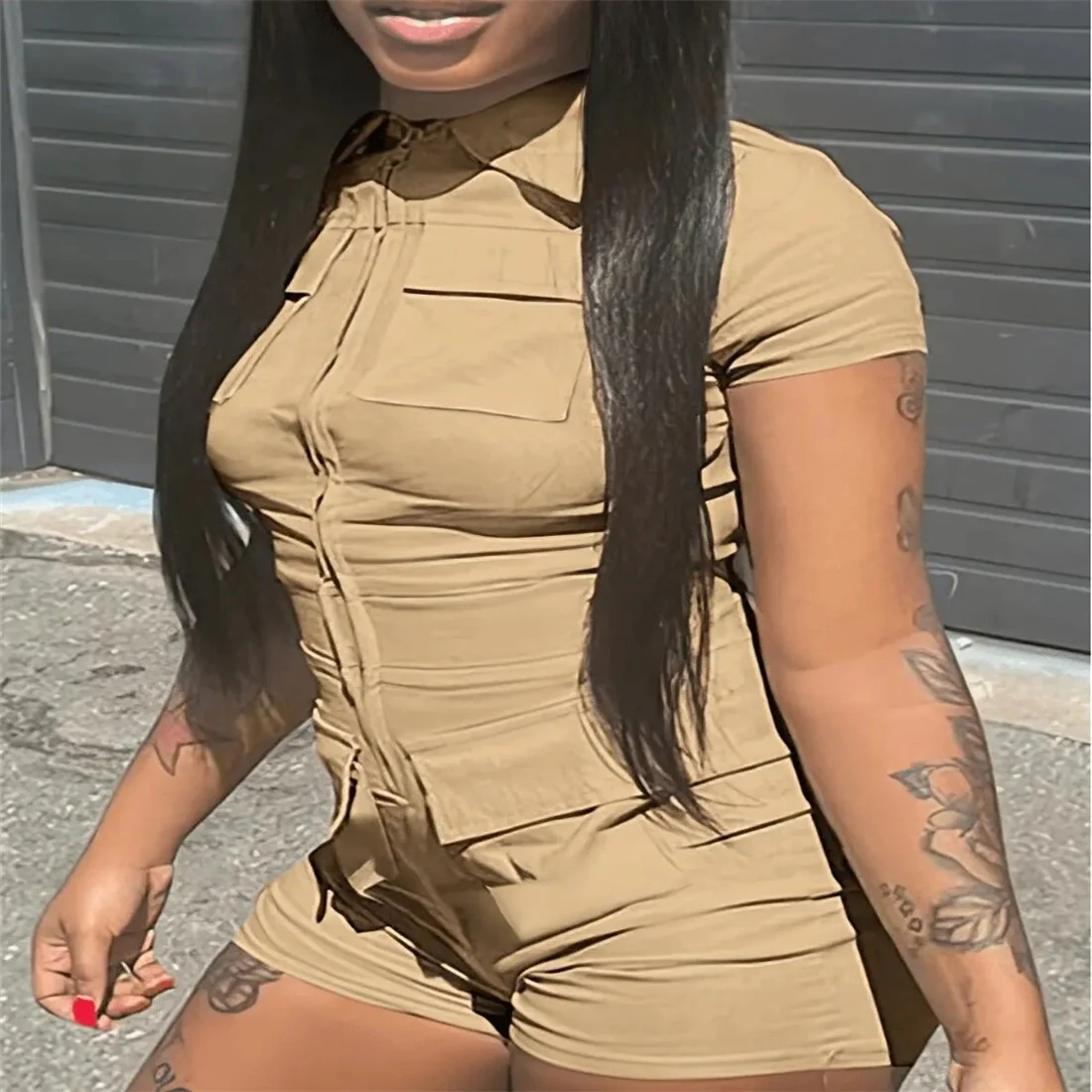 LW Zipper Up Pocket Design Romper Lapel Neck Short Sleeve Plain Beige Daily Jumpsuits Turndown Collar One Piece Bodysuits - Image 2