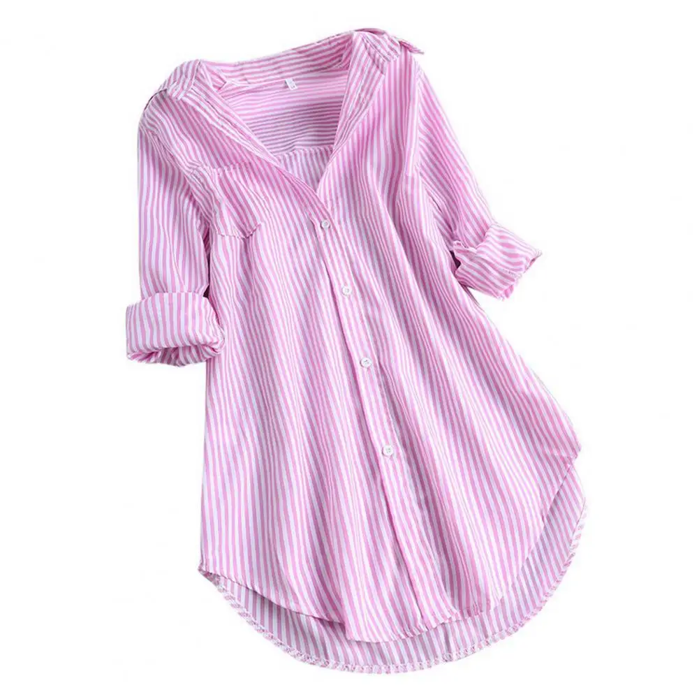 M-4XL Women Tunic Shirt Striped Long-sleeves V Neck Mid Long Turn-down Collar Loose Fit Casual Summer Elegant Ladies Blouse Top - Image 10