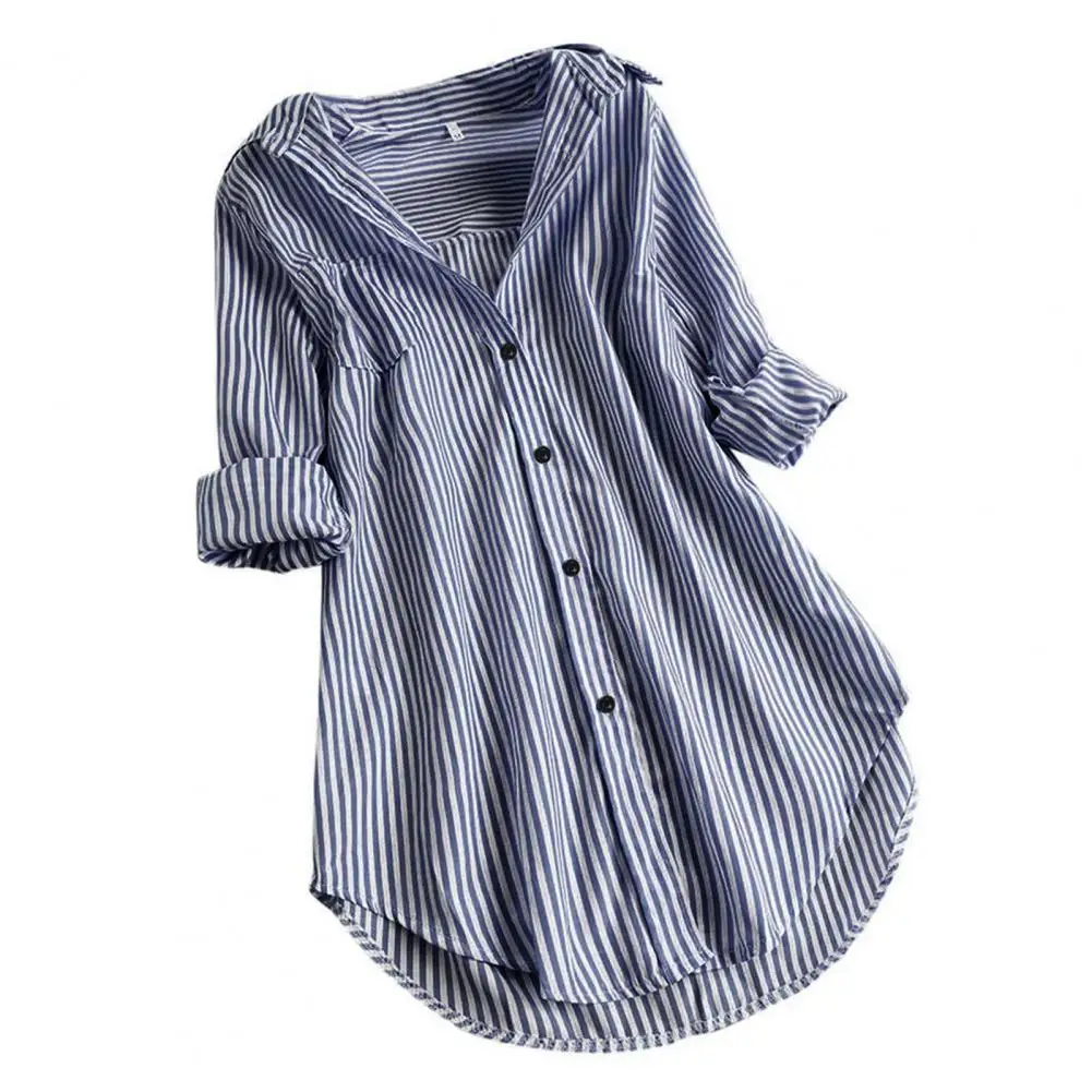 M-4XL Women Tunic Shirt Striped Long-sleeves V Neck Mid Long Turn-down Collar Loose Fit Casual Summer Elegant Ladies Blouse Top - Image 11